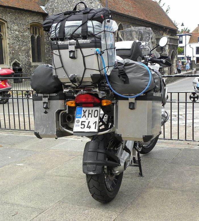 A heavily loaded motorcycle
