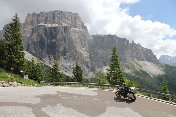 A motorcycle riding on the Sella Rondo in the Dolomites