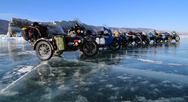 A series of ural side cars on the frozen lake baikal