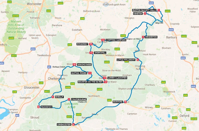 A map of the Cotswolds Discovery Route motorcycle ride
