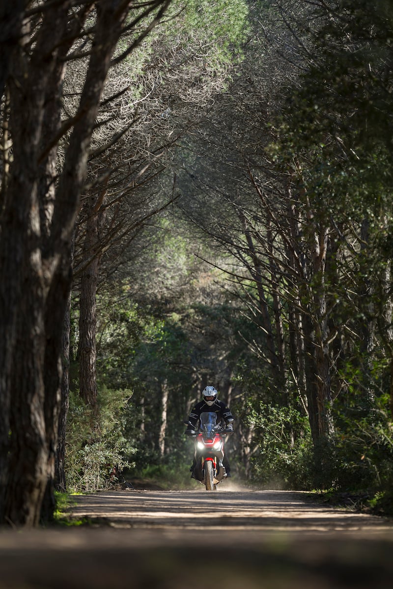 Motorcycle riding in wooded trail Sardinia