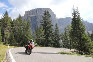 A Ducati Multistrada on the Sella Pass