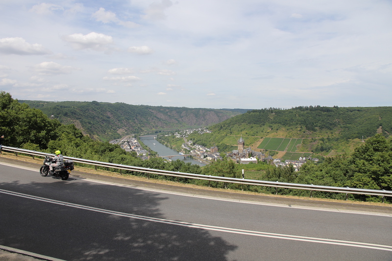 A motorcyclist riding in the Mosel Valley, Germany