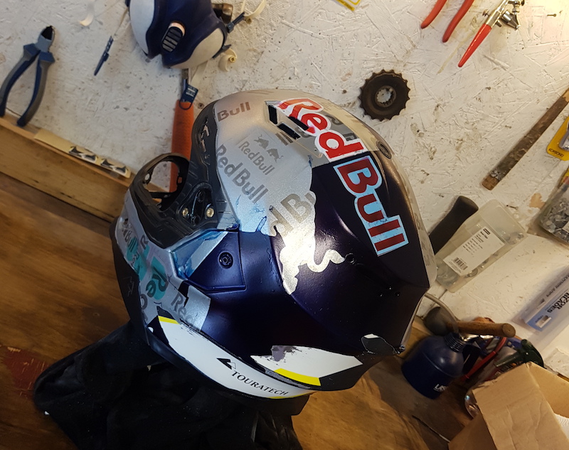 A half painted motorcycle helmet