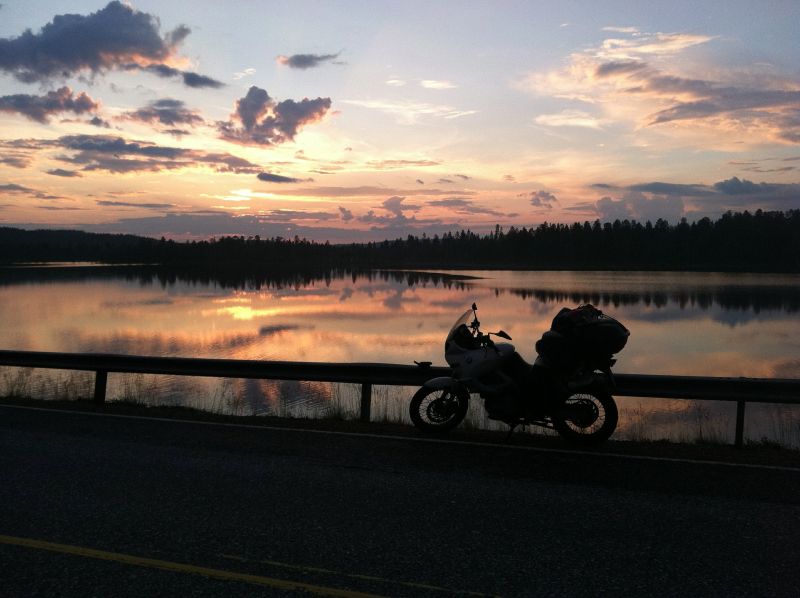 Sunset, motorcycle, lake