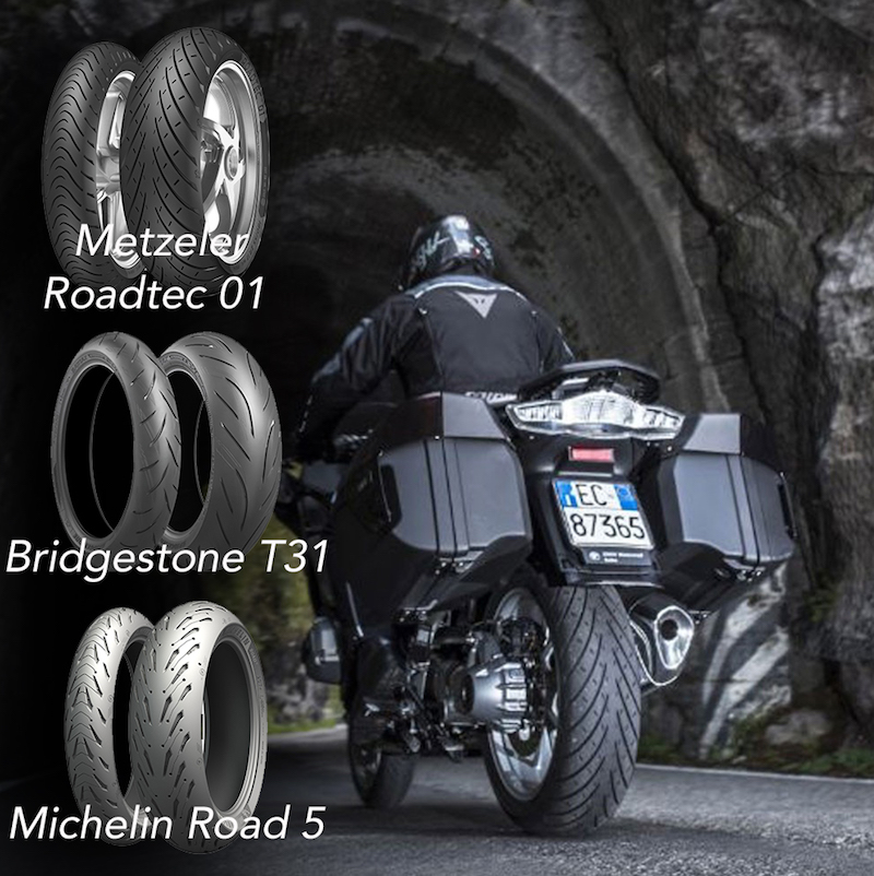 Image of a motorcyclist with three tyres, Metzeler Roadtech 01, Bridgestone T31 and Michelin Road 5