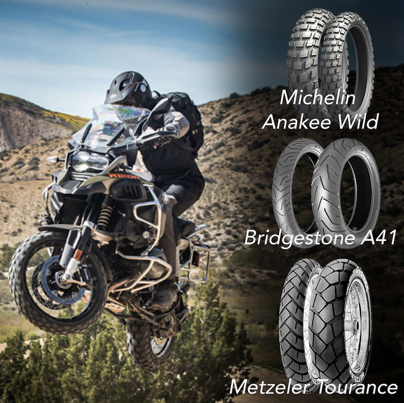 Image of an adventure motorcyclist with three different tyres, Michelin Anakee Wild, Bridgestone A41 and Metzeler Tourance