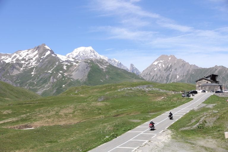 two motorcyclists on the petit st bernard pass