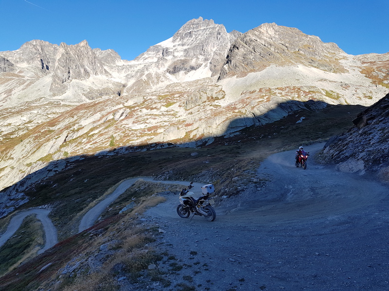 off-road on an Italian mountain pass on Ducatis