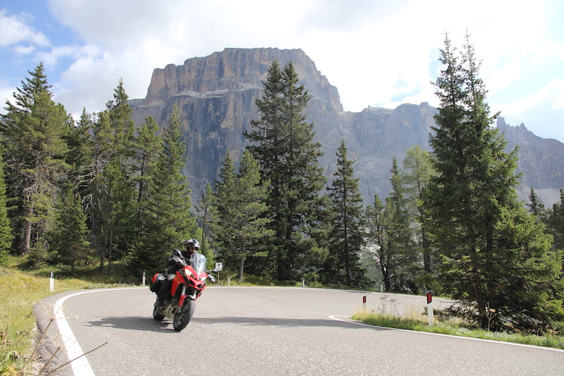 a red ducati multistrada on the sella pass