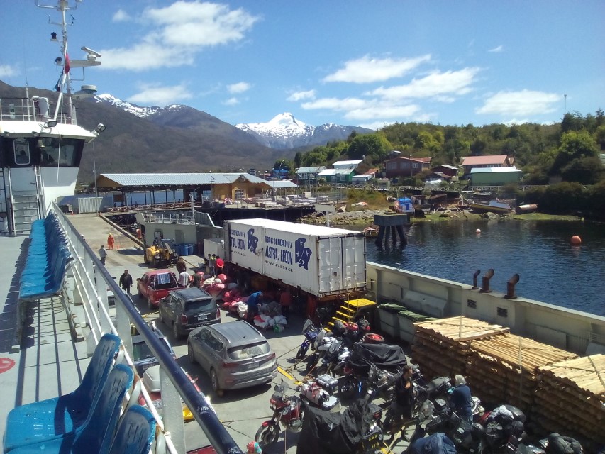 Ferry calls at Puerto Eden on Isla Wellington. Plenty of bikes on deck.