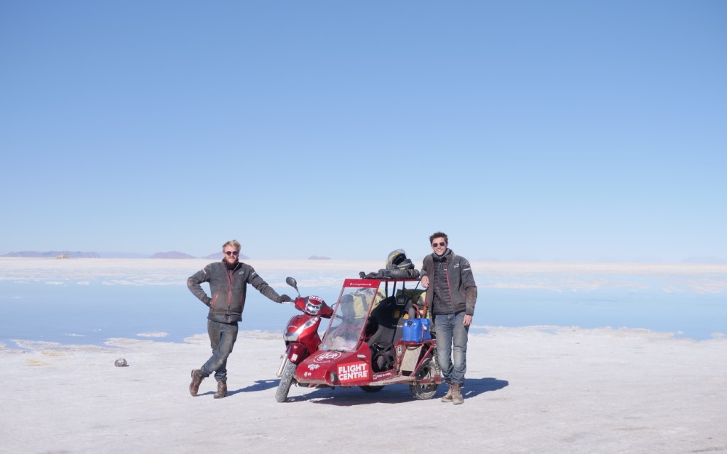 Sidecar on Salt Flats or more accurately as close as we could get to salt flats they start after that blue bit of water behind us