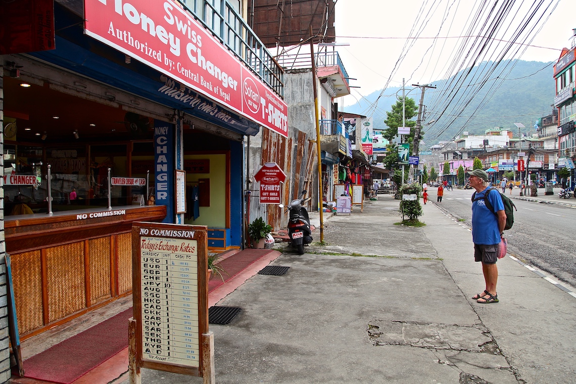 Lone tourist in Pokhara main drag at peak season