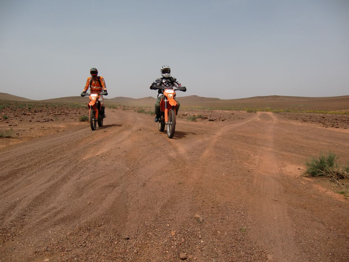 Two riders cruising into our lunch stop site on a high plain in the Anti Atlas.